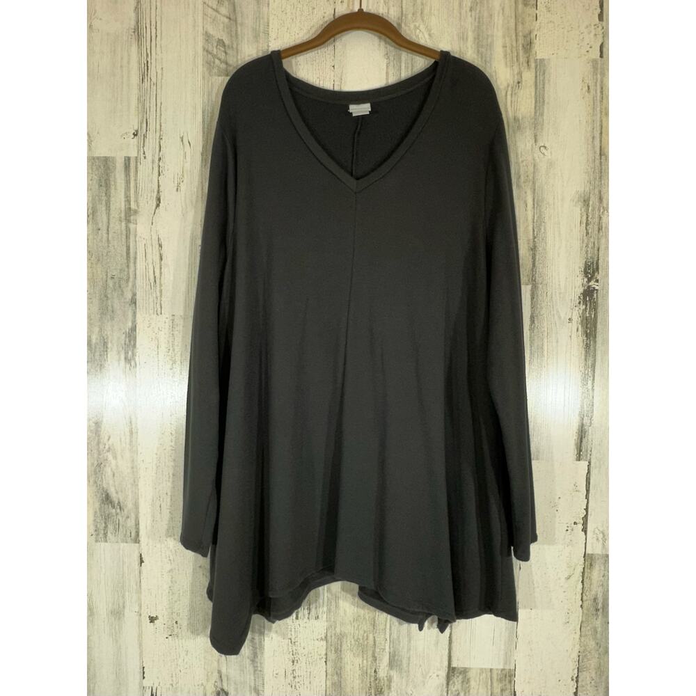 Chicos Zenergy Sweater Sweatshirt Top Size 3 or XL Black Asymmetrical Vneck